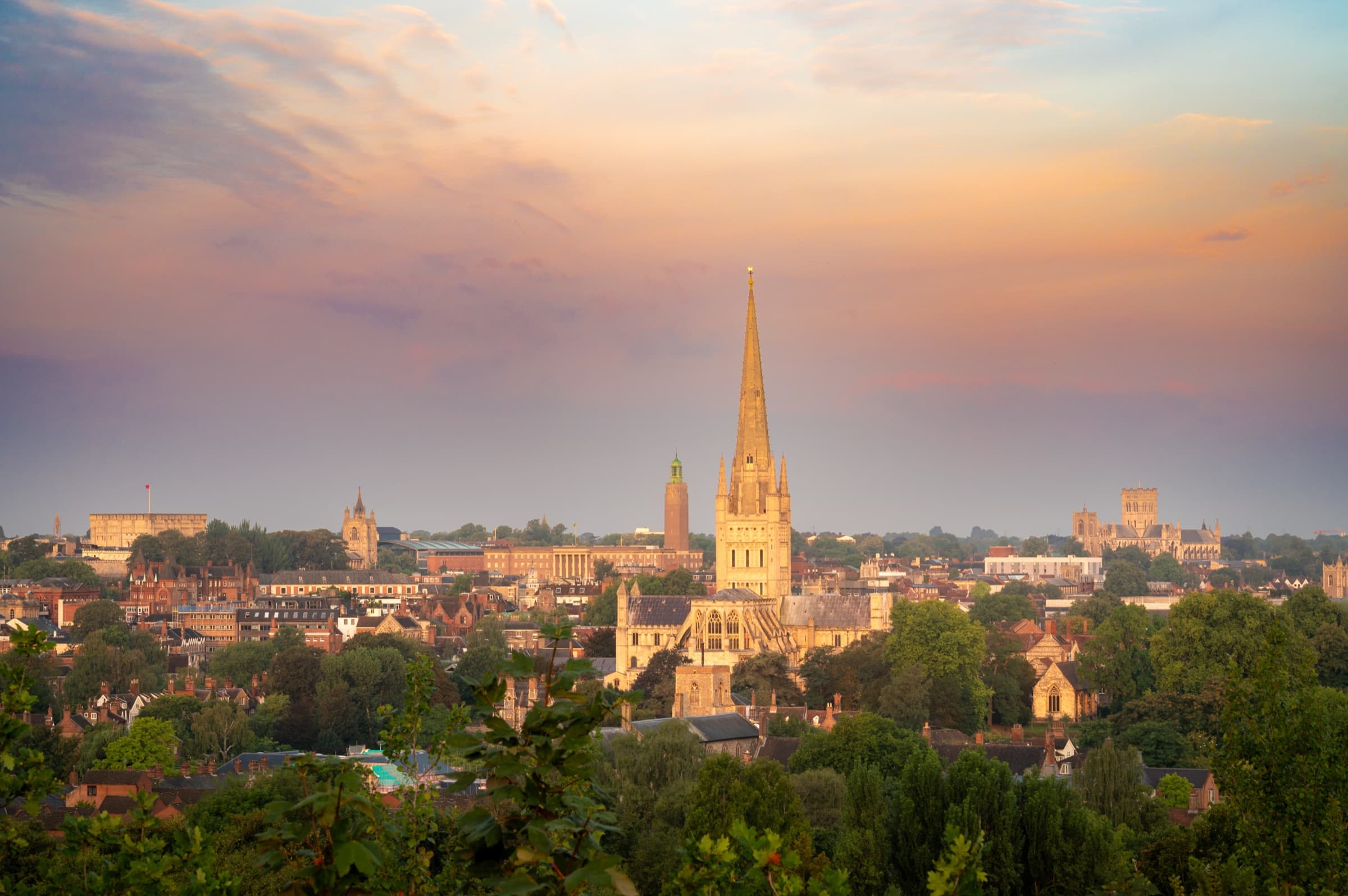 Rooftops across Norwich at golden hour